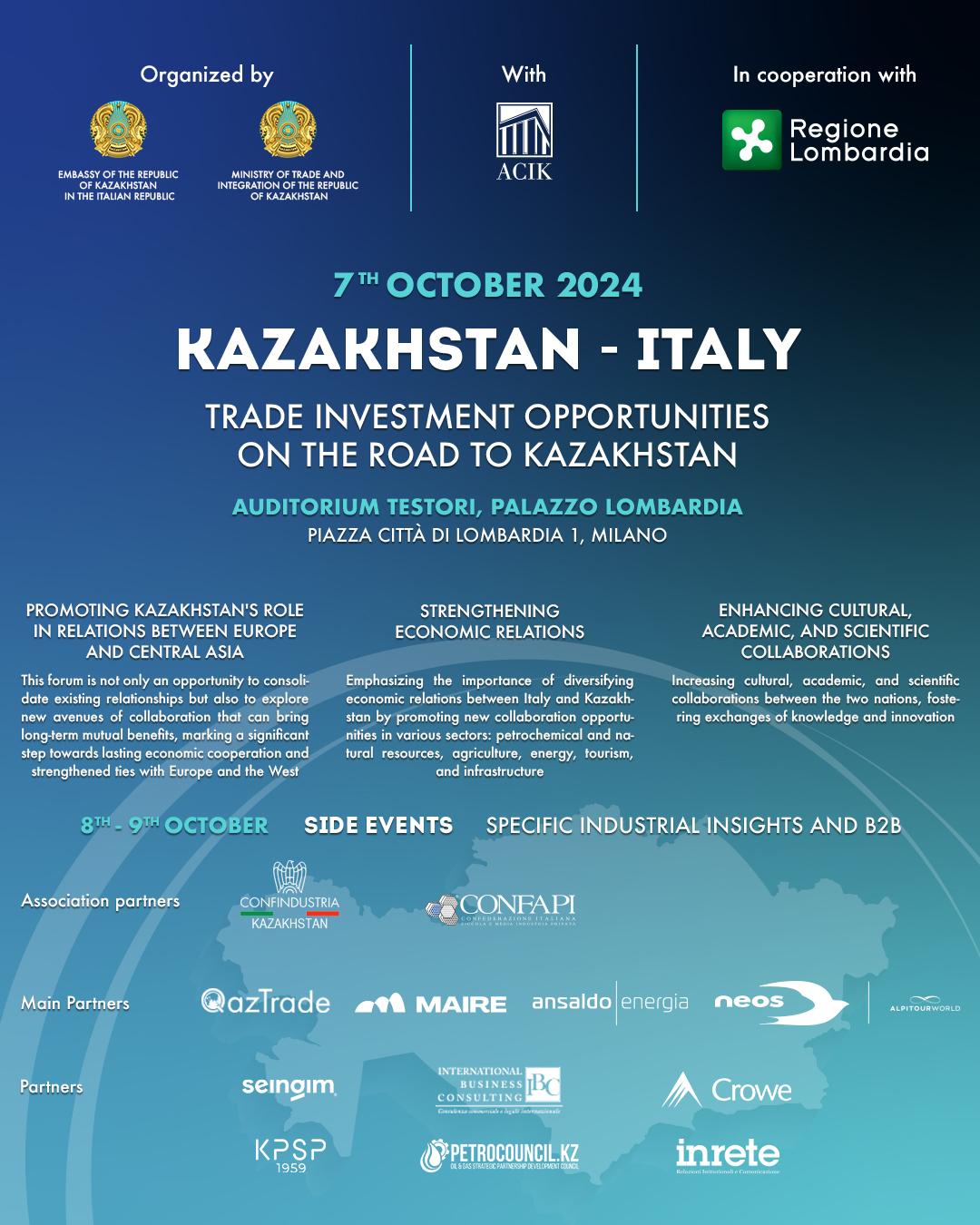 L'Associazione Italo-Kazaka del Commercio è lieta di annunciare il forum aziendale annuale "Kazakhstan – Italy Trade Investment opportunities on the Road to Kazakhstan"